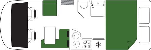 De floorplan dag van de Britz Wanderer camper in Nieuw-Zeeland met tweepersoonsbedden