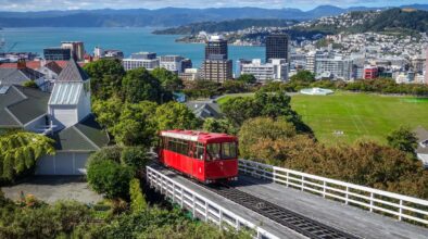 Zicht op Wellington en de zee vanaf de trambaan met een rode tram die naar beneden rijdt