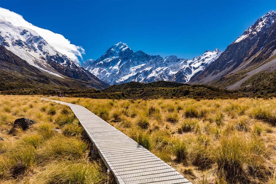 Het wandelpad van de Hooker Valley Track in het Mount Cook National Park