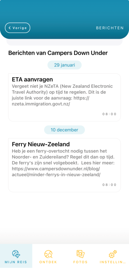 App berichten Campers Down Under - ETA aanvragen en Ferry Nieuw-Zeeland