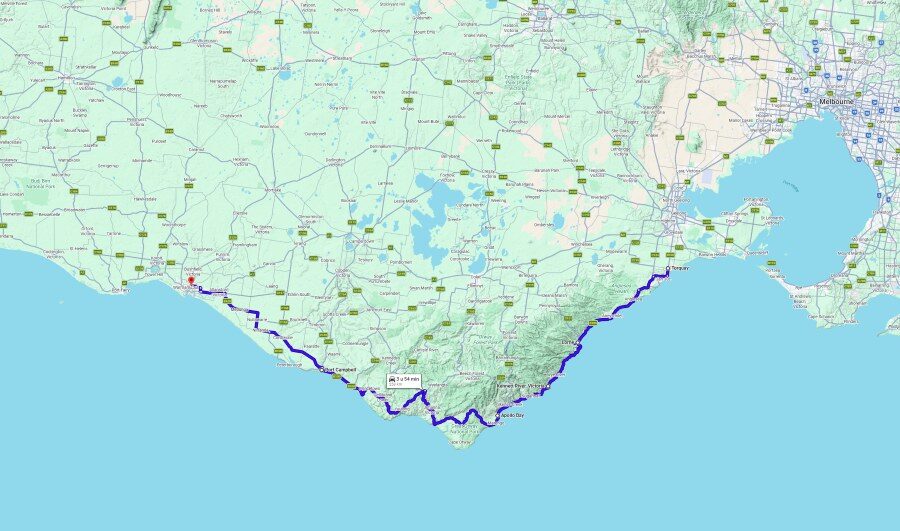 Routekaart Great Ocean Road van Torquay naar Warnambool