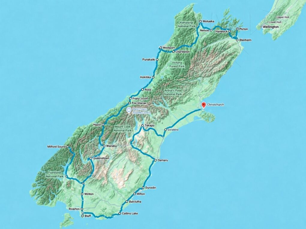 Routekaart van route op Zuidereiland via de Westcoast